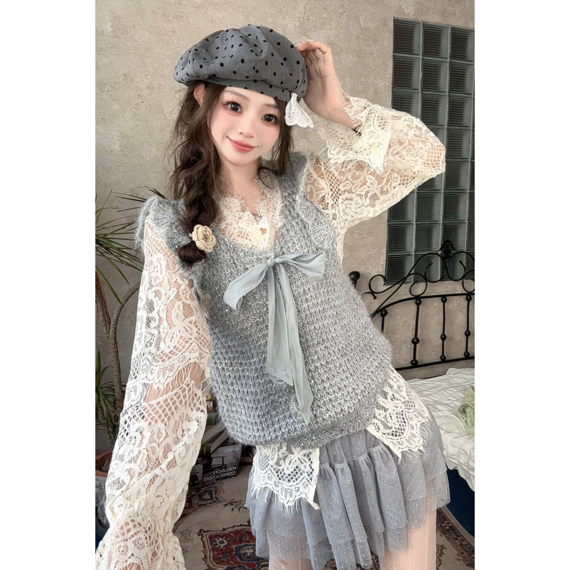 ｛美丽的尘埃}灰色针织毛衣上衣马甲女 宽松百搭通勤显瘦