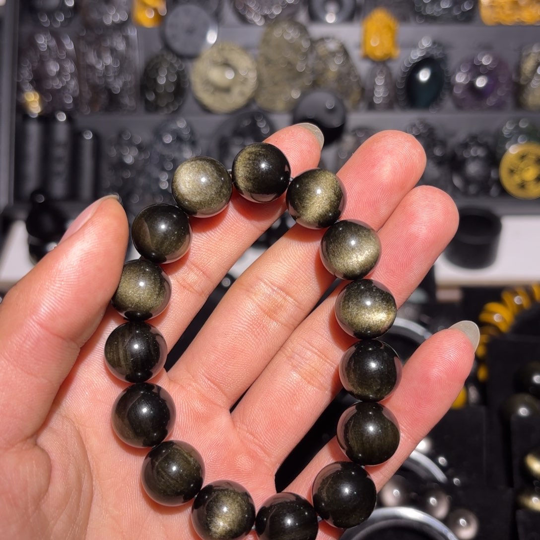 黑曜岩未镶嵌手链天然金曜石手链19手围 加两颗珠子，假一赔十