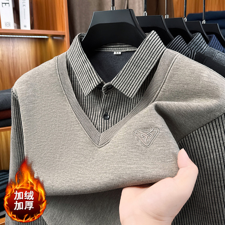 冬季新款绣花毛衣假两件毛衣加绒加厚潮流内搭针织打底衫