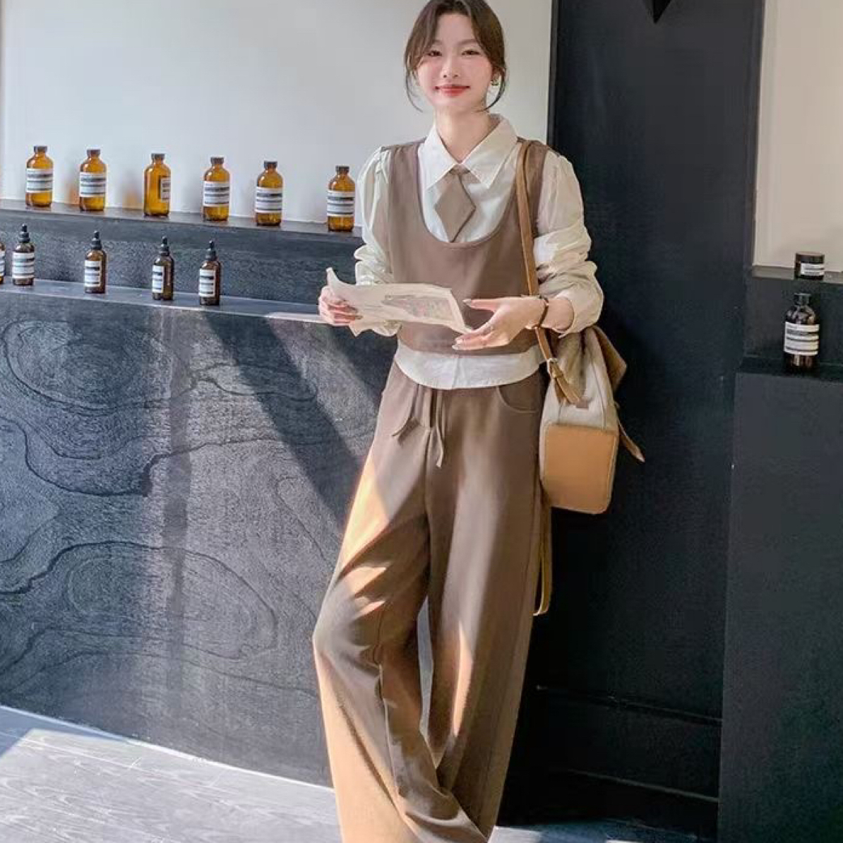 慵懒风减龄气质休闲女马甲衬衫假两件阔腿裤套装秋季穿搭