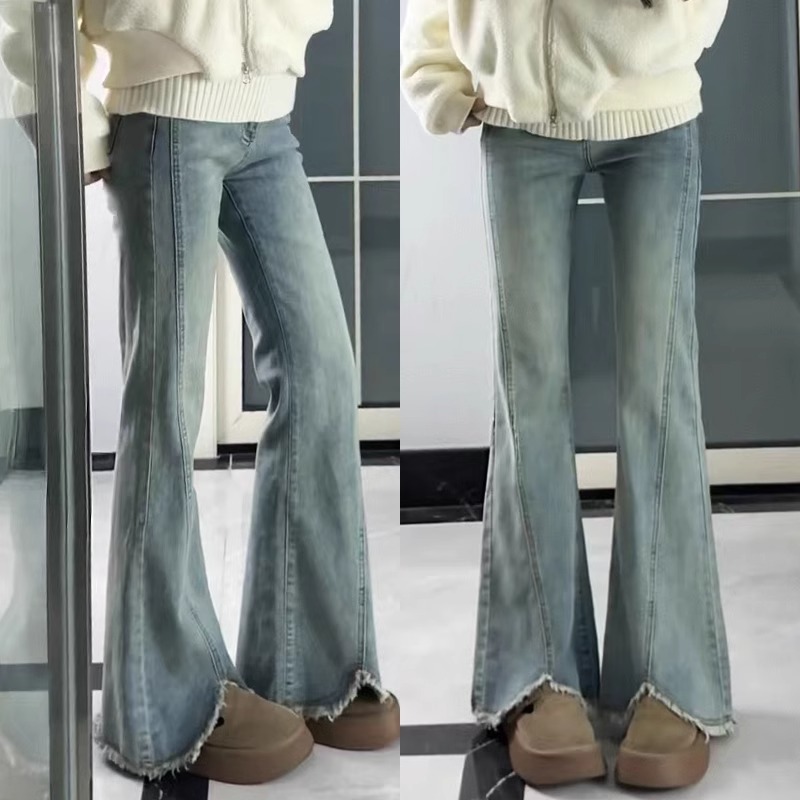 大码女裤浅蓝色毛边微喇牛仔裤高腰女春季新款窄版胖mm开叉喇叭裤