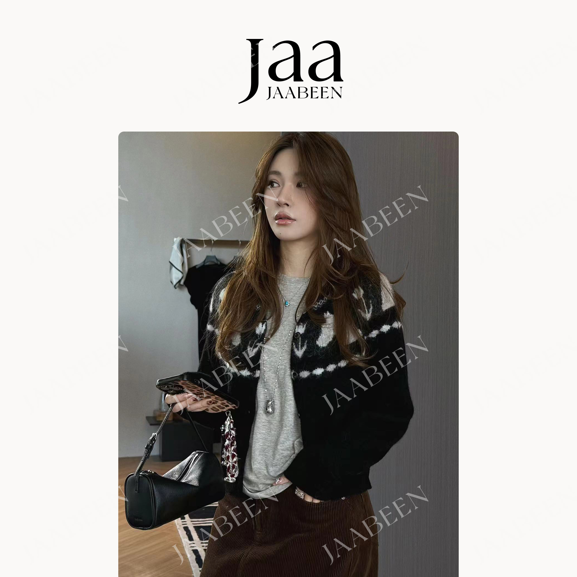 『JAABEEN』撞色针织开衫女宽松休闲小马提花开衫 25DS0305