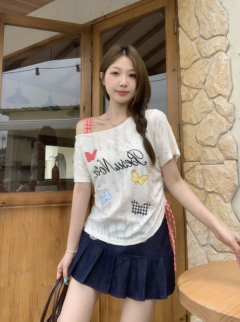 【涵胖胖】2025夏装新款胖mm大码女韩系甜美露肩卡通印花短袖T恤【B】