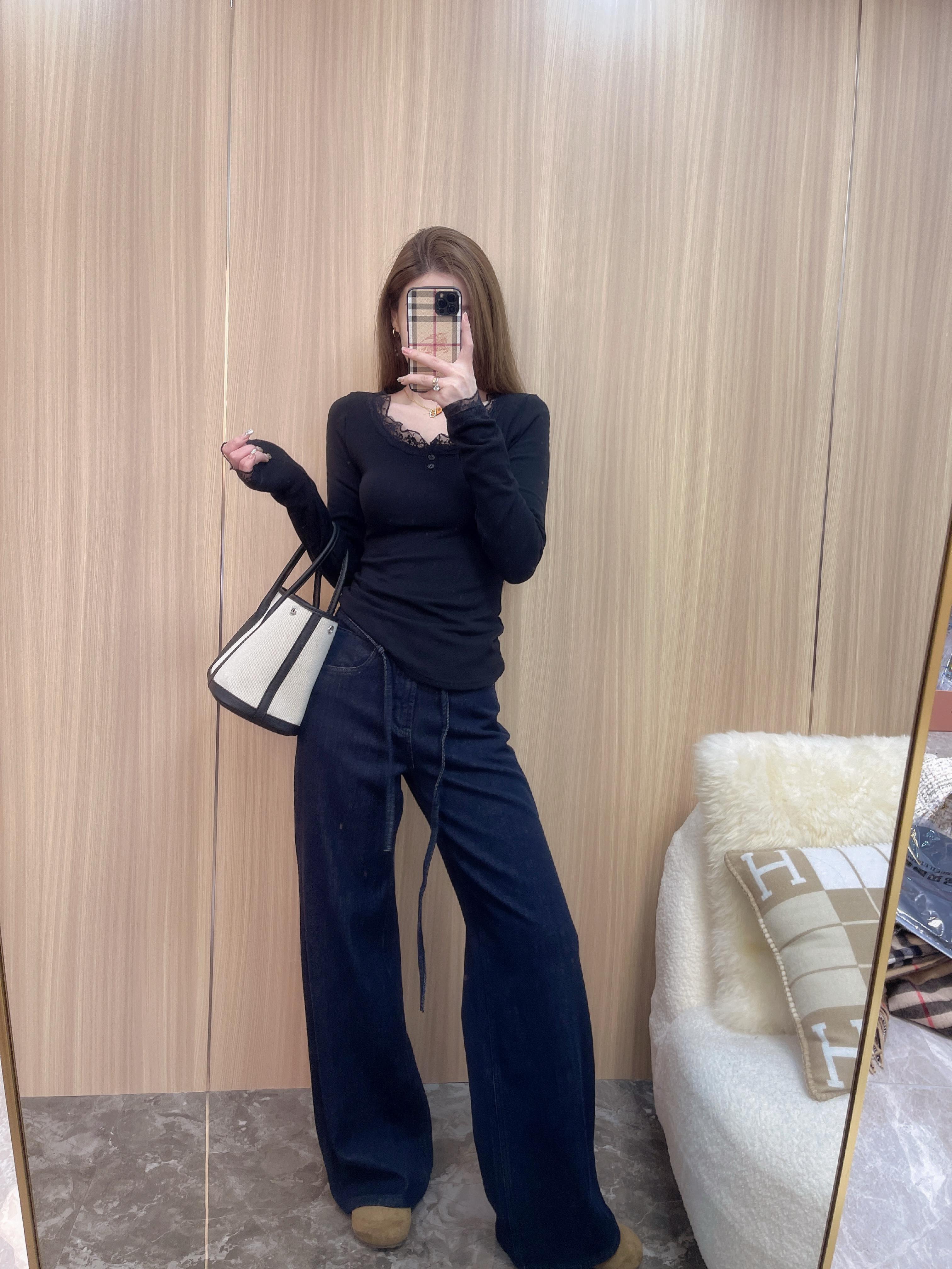 高品质抽绳直筒阔腿牛仔裤 内里薄绒