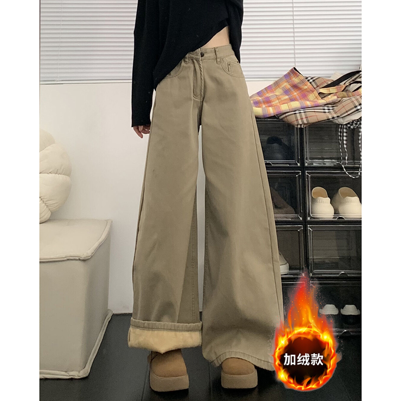 卡其色高腰牛仔裤女装秋冬新款宽松不贴腿百搭遮肉休闲直筒长裤子