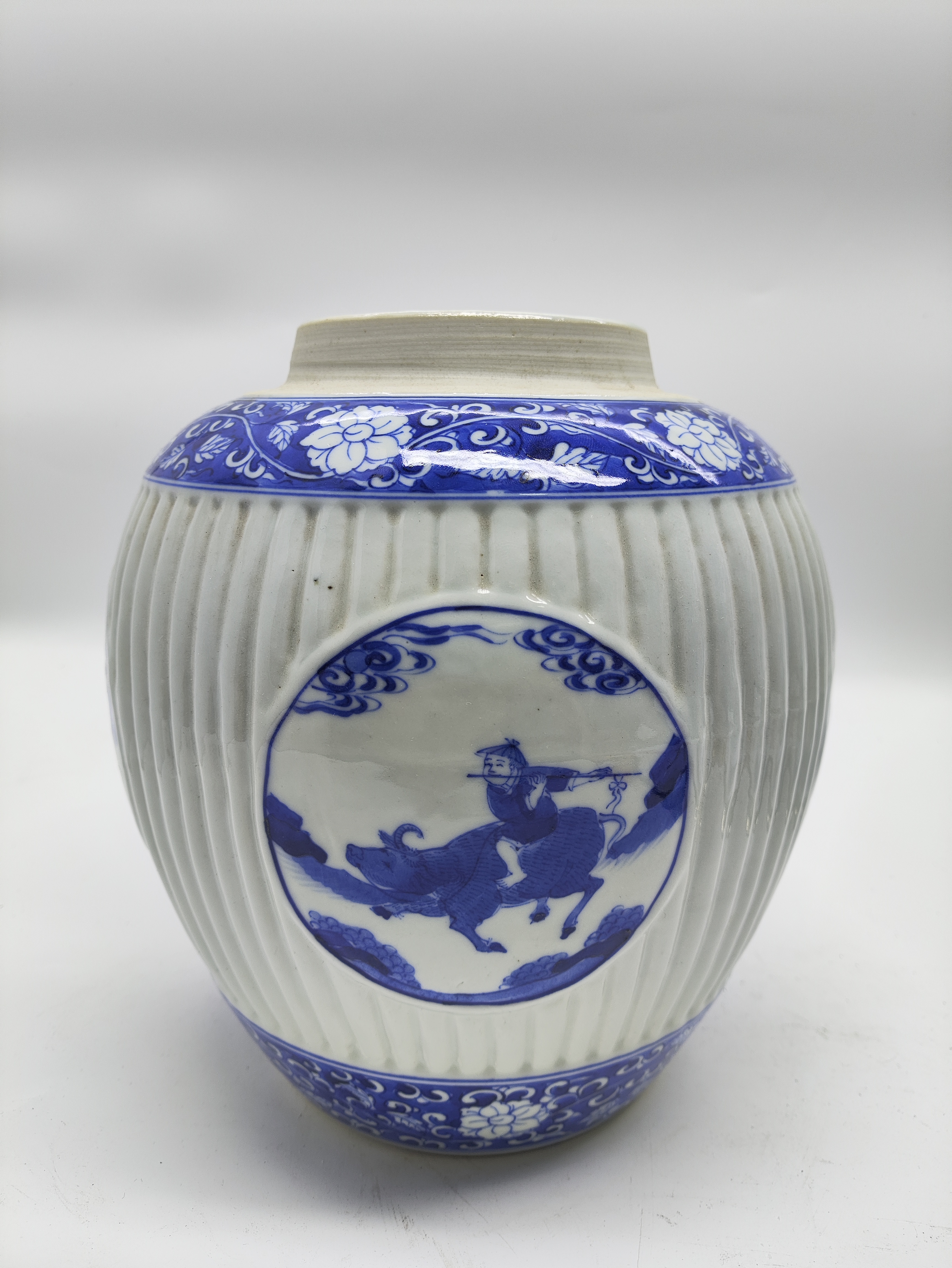 四面开窗人物故事陶瓷瓜棱罐海瓷家用白瓷中式蓝色复古花纹手绘