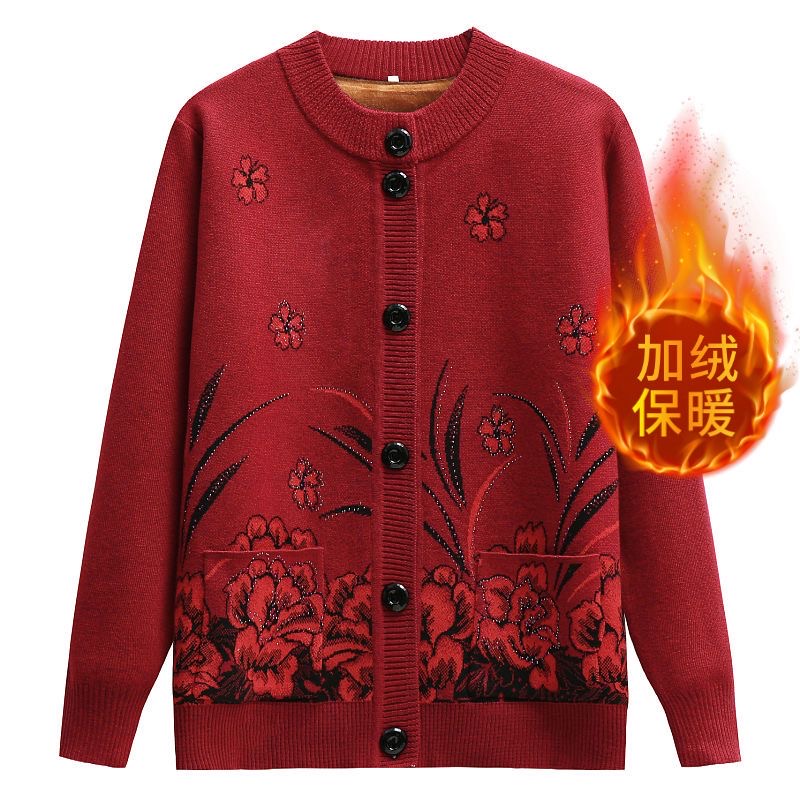中老年人女款秋冬季奶奶装外套加绒加厚妈妈装毛衣保暖衣针织开衫