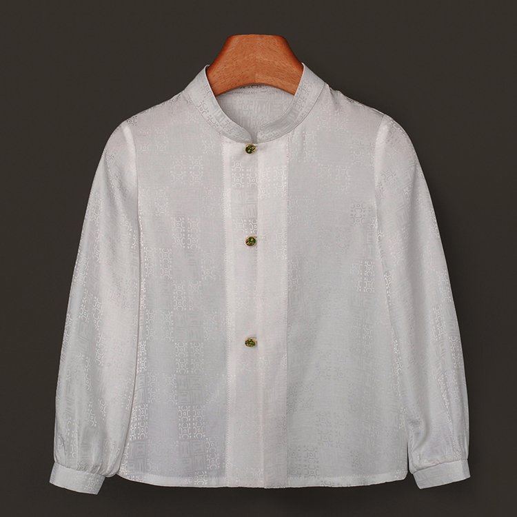 莨宝宝「月白」B026衬衫100%桑蚕丝儿童立领提花缎新中式国风