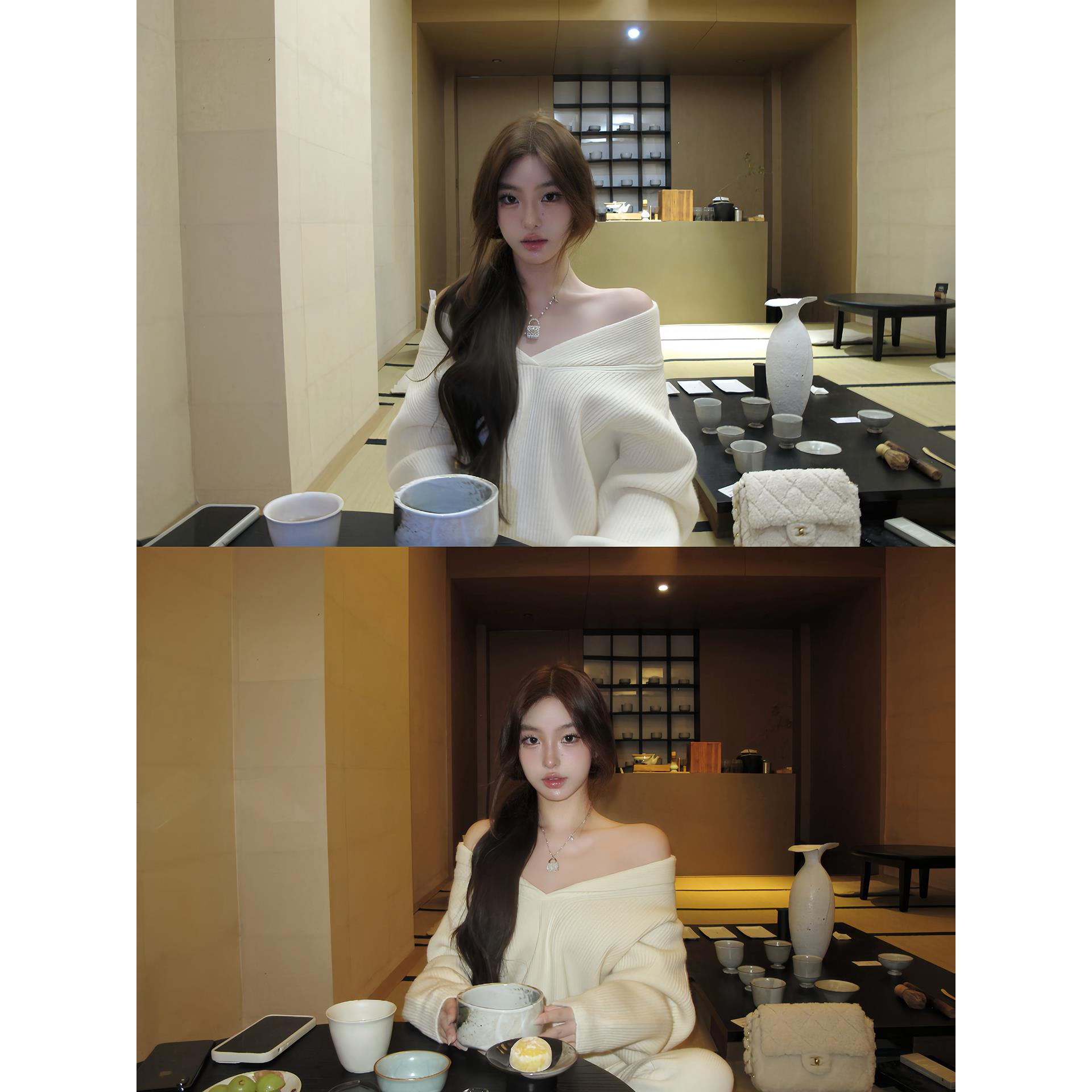 OYFF凡凡【慵懒冬日】细坑条V领针织上衣松紧腰针织阔腿长裤套装