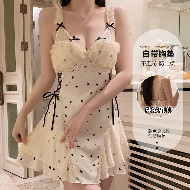 DZ瑰若品牌内衣纯欲甜美蕾丝性感加胸垫大码睡裙家居套装4902