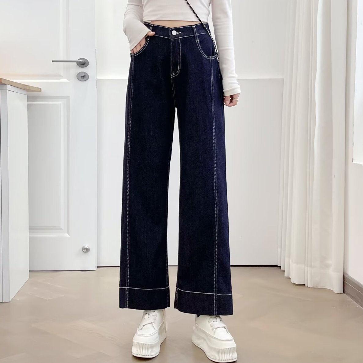 秋季新款高腰显瘦垂感窄版阔腿牛仔女裤大码女装牛仔裤裤子阔腿裤