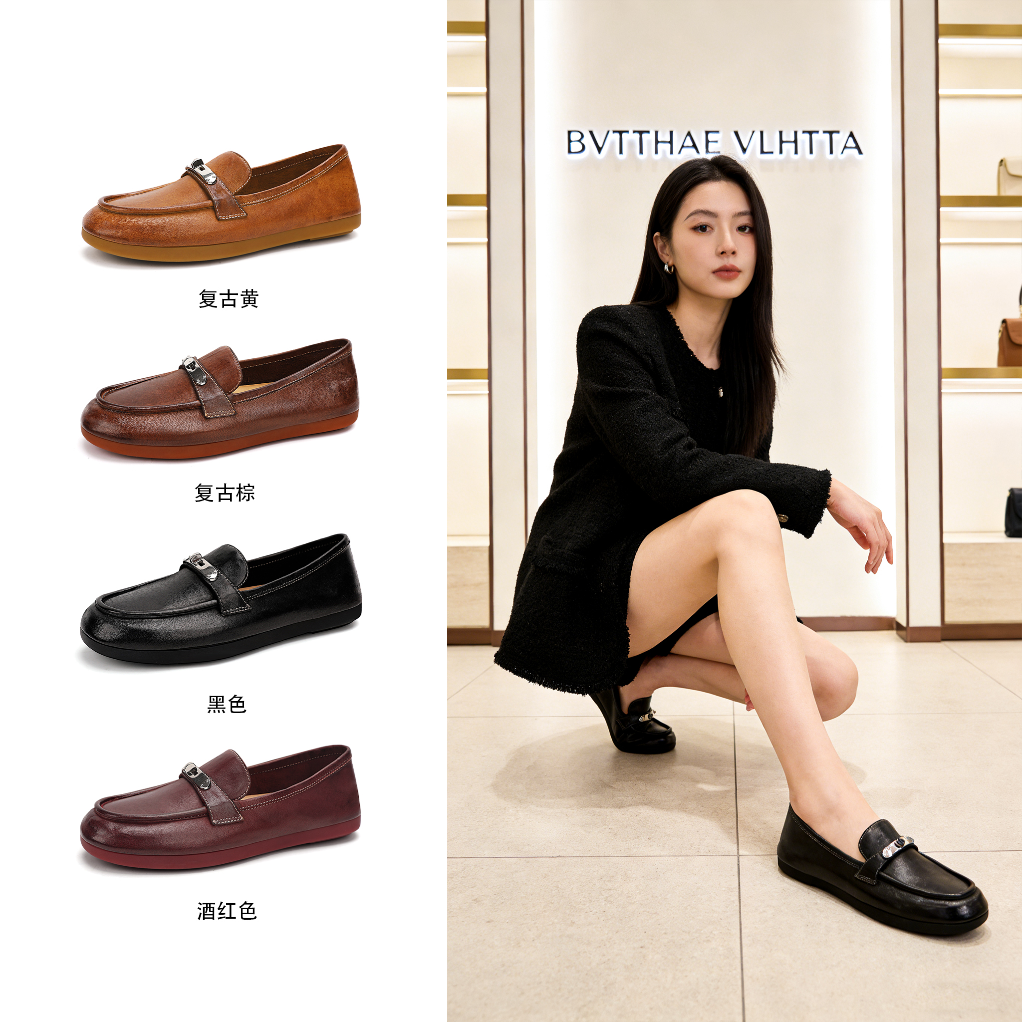 【官方正品】【5G防伪芯片】BV女士英伦风金属扣浅口水洗马皮单鞋