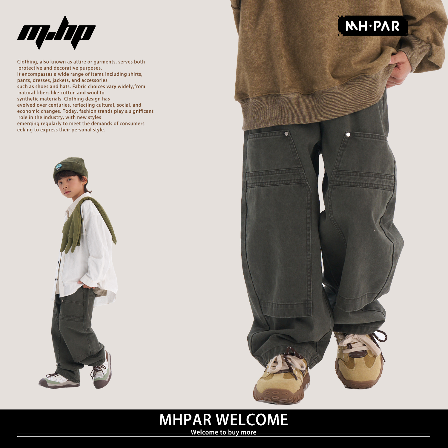 MHPAR麦哈派男童春秋款军绿色通用运动休闲复古工装裤253312