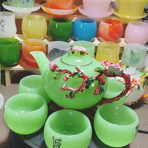 羊脂玉瓷中式花开富贵一壶六杯礼盒套装