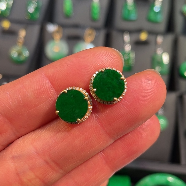 一***子翡翠18K金镶嵌耳饰无事牌