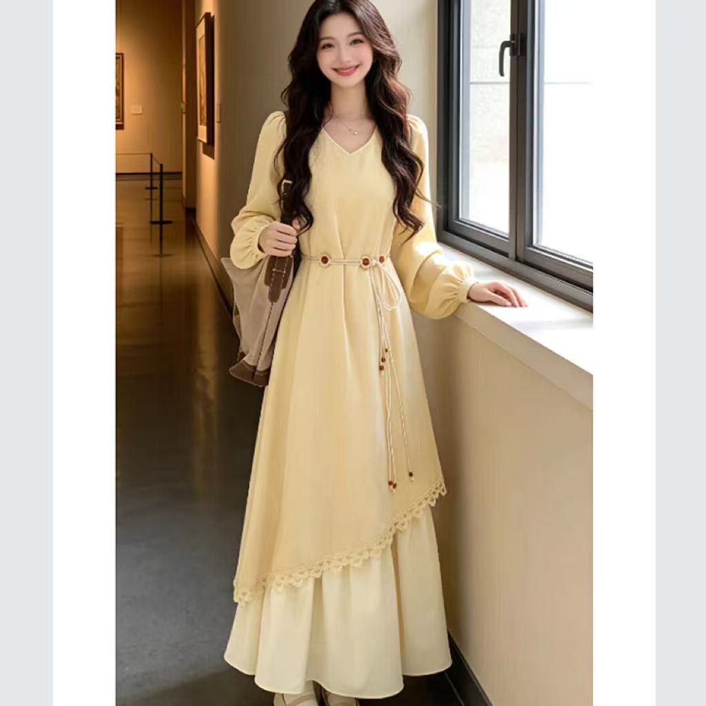 【当日发有运补】大码秋冬法式温柔风连衣裙高级感感拼接长裙9955