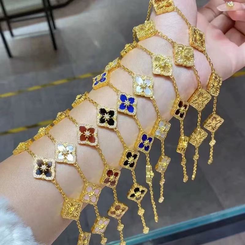 贝壳手链 布契四叶草五花手链双面闪钻拉丝手镯贝母高级质感轻奢