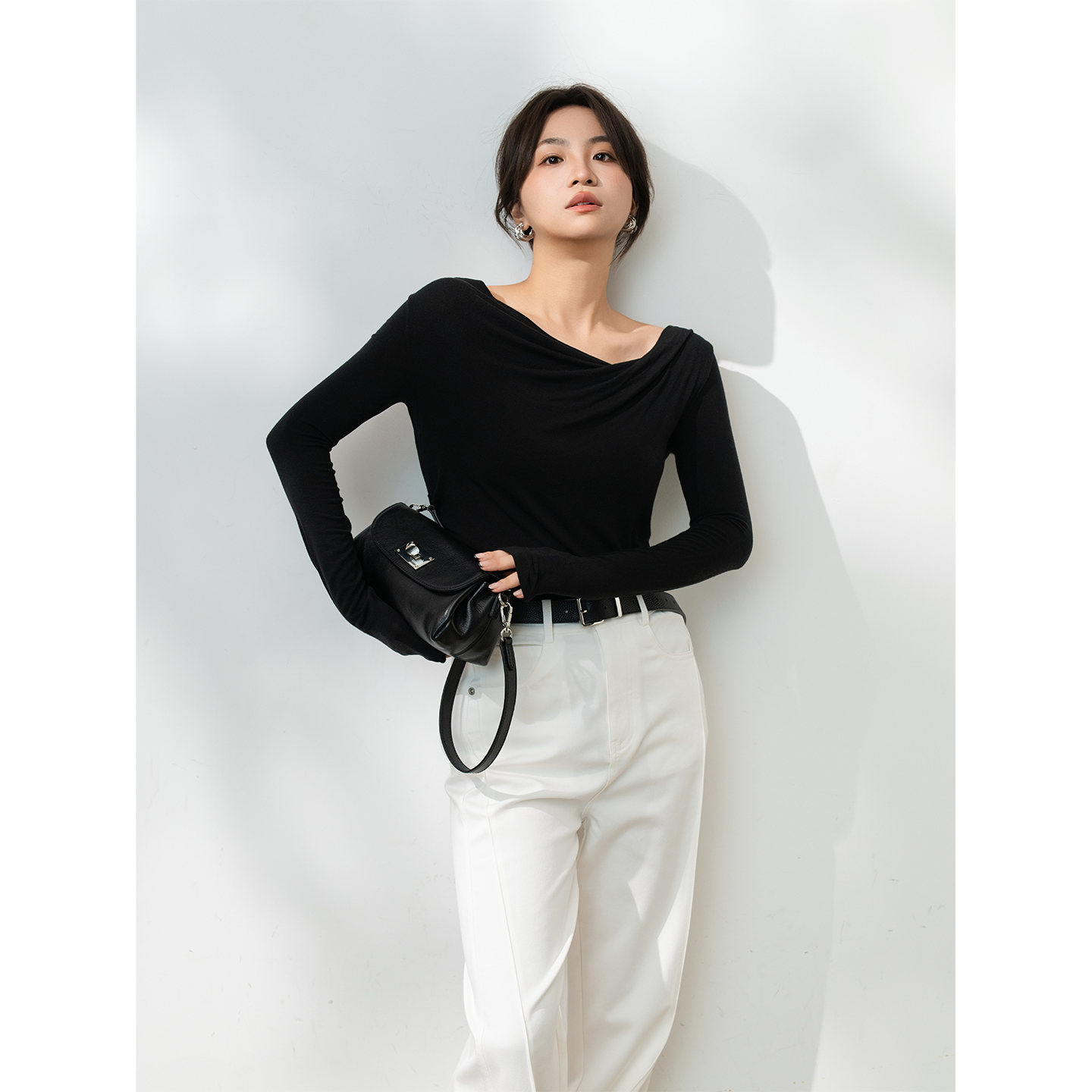 BELIN 法式荡领捏褶气质长袖T恤女山羊绒修身打底衫上衣25秋新款