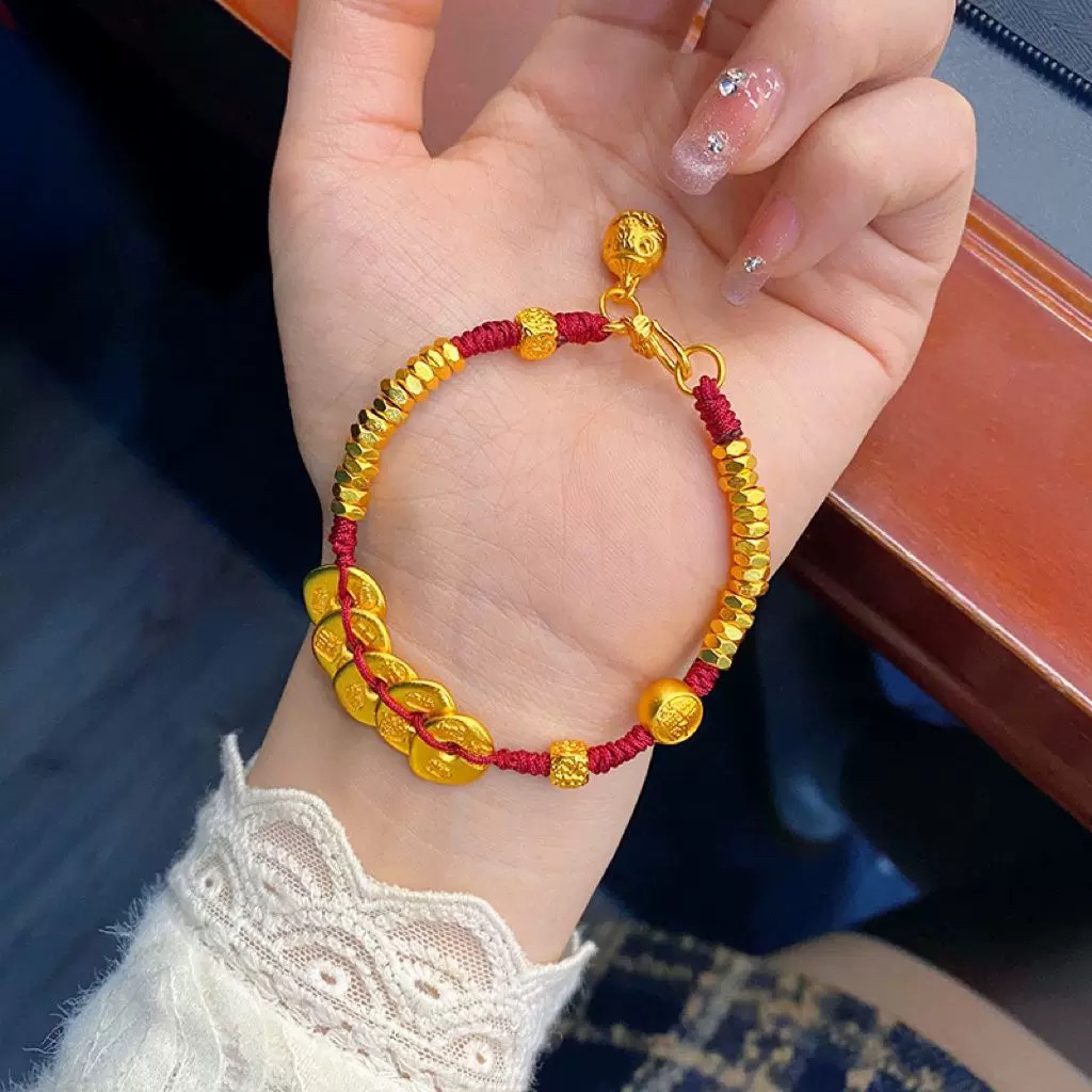 足银手链 足银五帝钱盘缠手链女款手工时尚编织