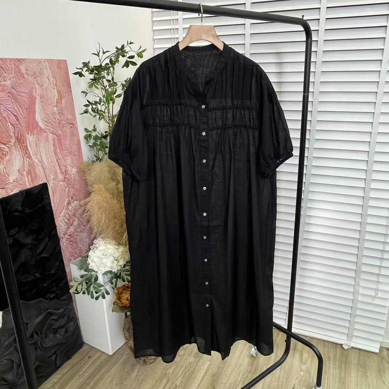 夏日休闲百搭「薄款单排扣透气」短袖连衣裙E5926