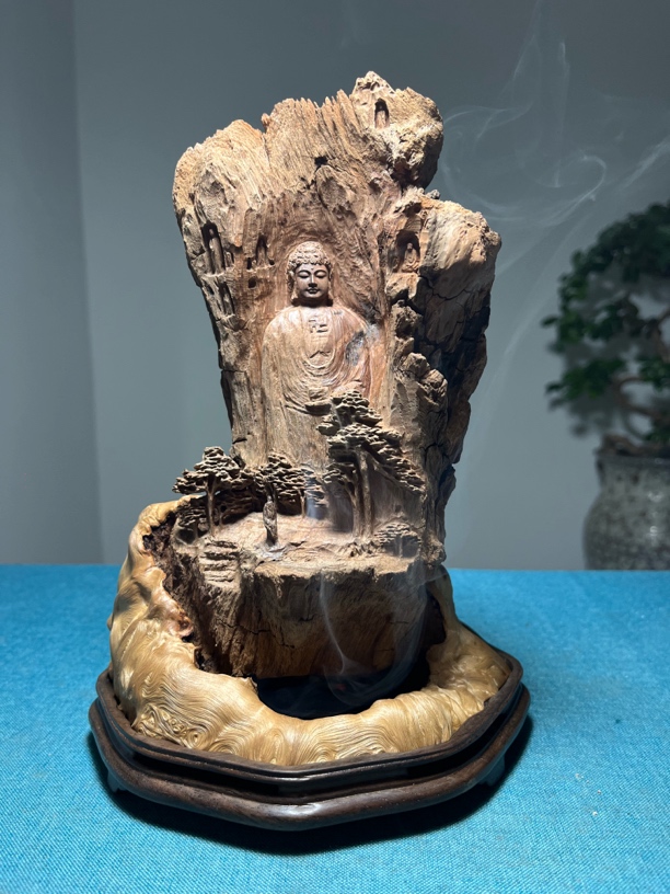 荔枝木老料精工意境石窟佛香炉摆件16*15*23CM