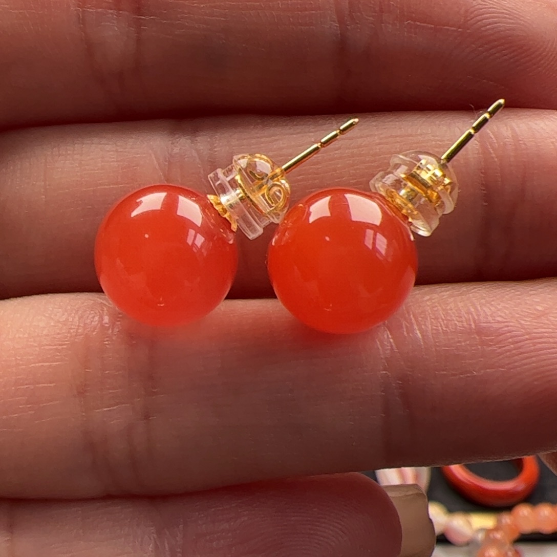 南红玛瑙18K金镶嵌耳钉