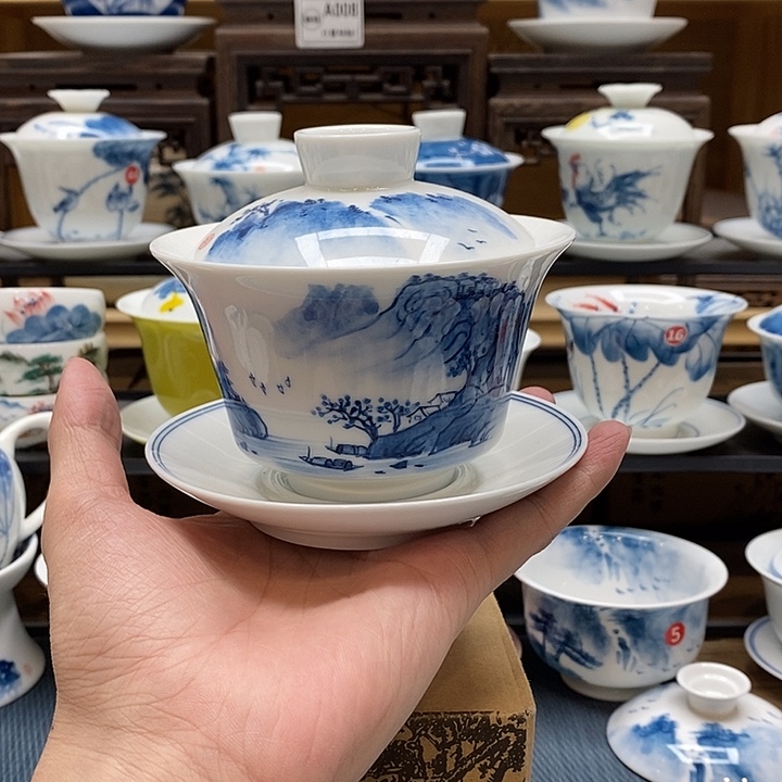 手绘烟雨江南三才200cc釉下彩微瑕福利款