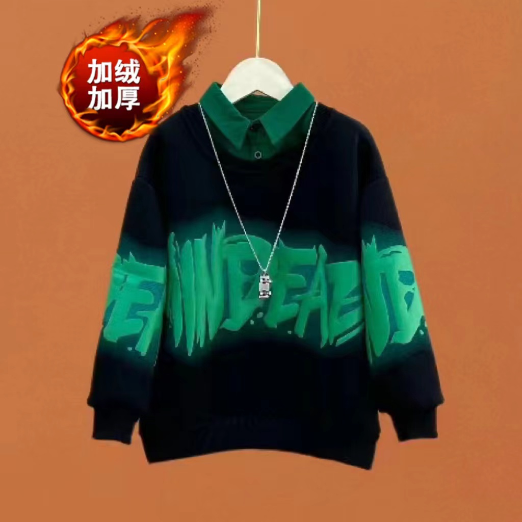 A冬款加绒男女童圆领卫衣中大童秋冬一体绒上衣（不含衬衫）