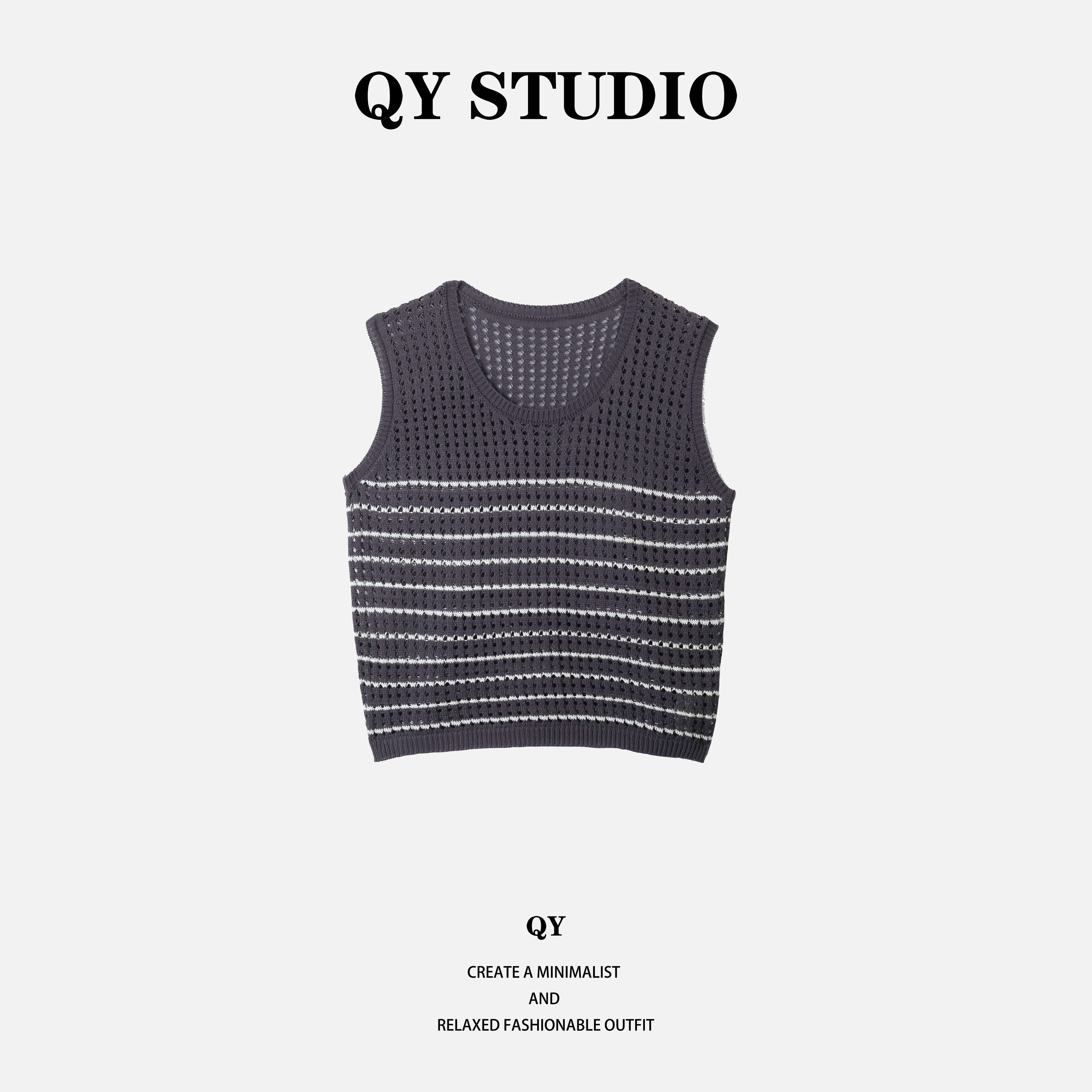 【千屹】休闲百搭宽松条纹无袖设计师圆领针织衫 YA25213R502