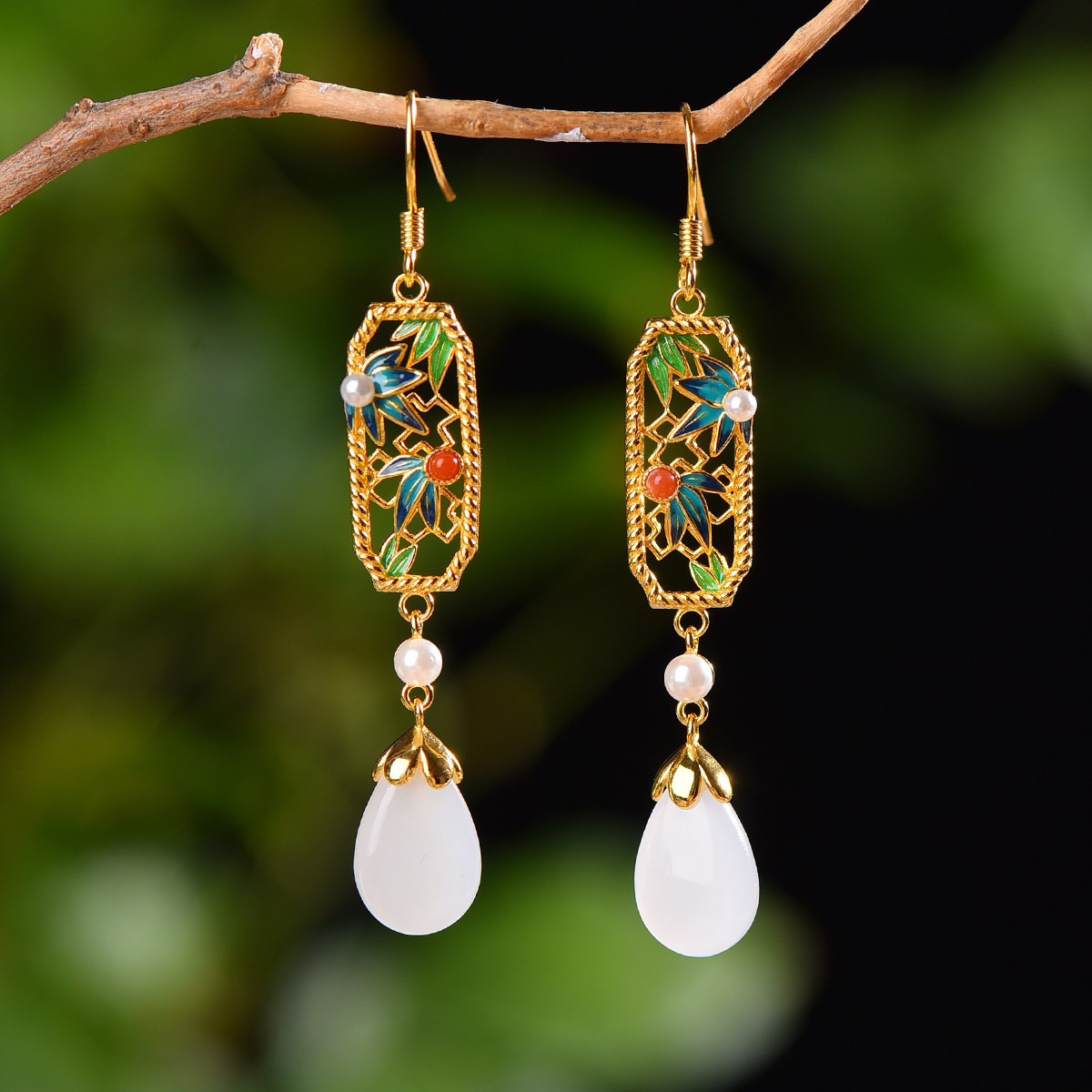 S925银镶嵌天然和田玉水滴耳坠古典风格竹叶青耳环新中式耳饰5011