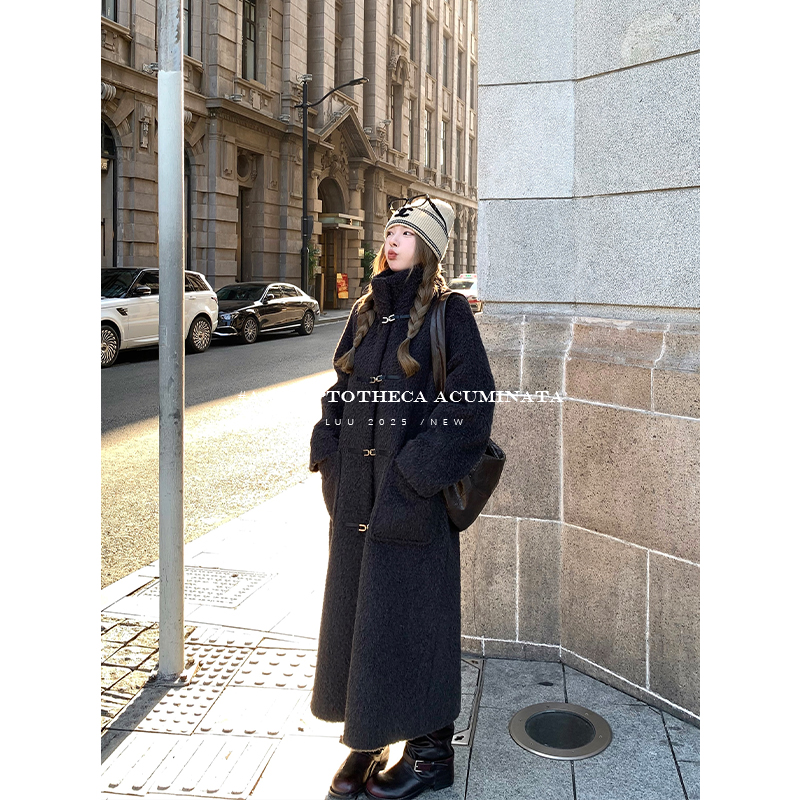 LUU桃喜儿/灰色中长款立领大衣外套女秋冬高级感宽松韩系慵懒小众