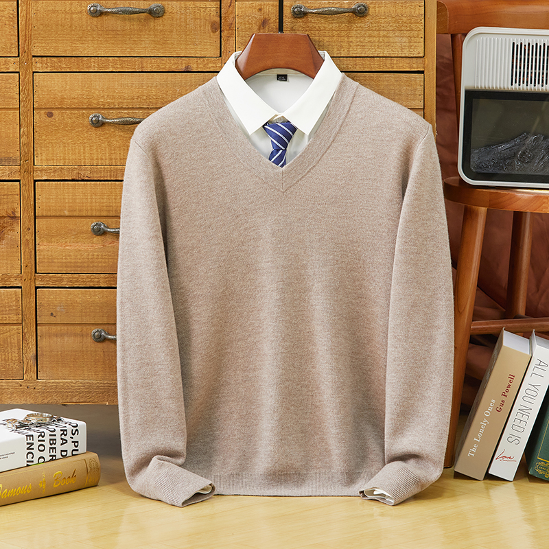 100%羊毛精纺V领衫男士冬季加厚保暖毛衫保暖打底衫宽松