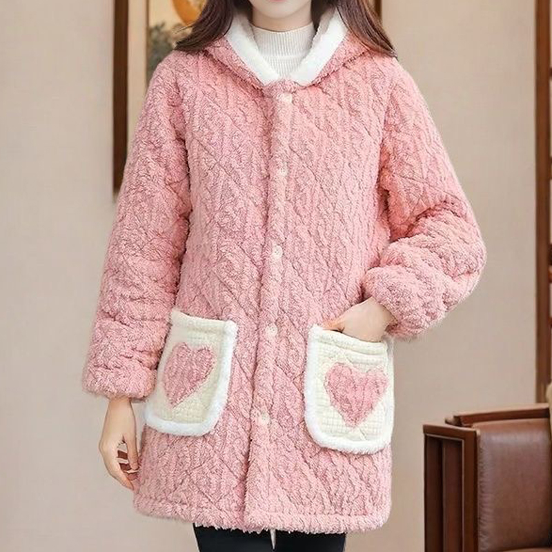 冬季加绒加厚女棉衣中长款省服保暖外套宽松家居服棉罩衣