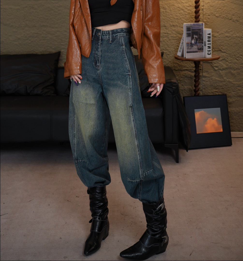 「鹿哥专属」秋冬新款加绒弯刀显瘦设计感中高腰阔腿牛仔裤6086