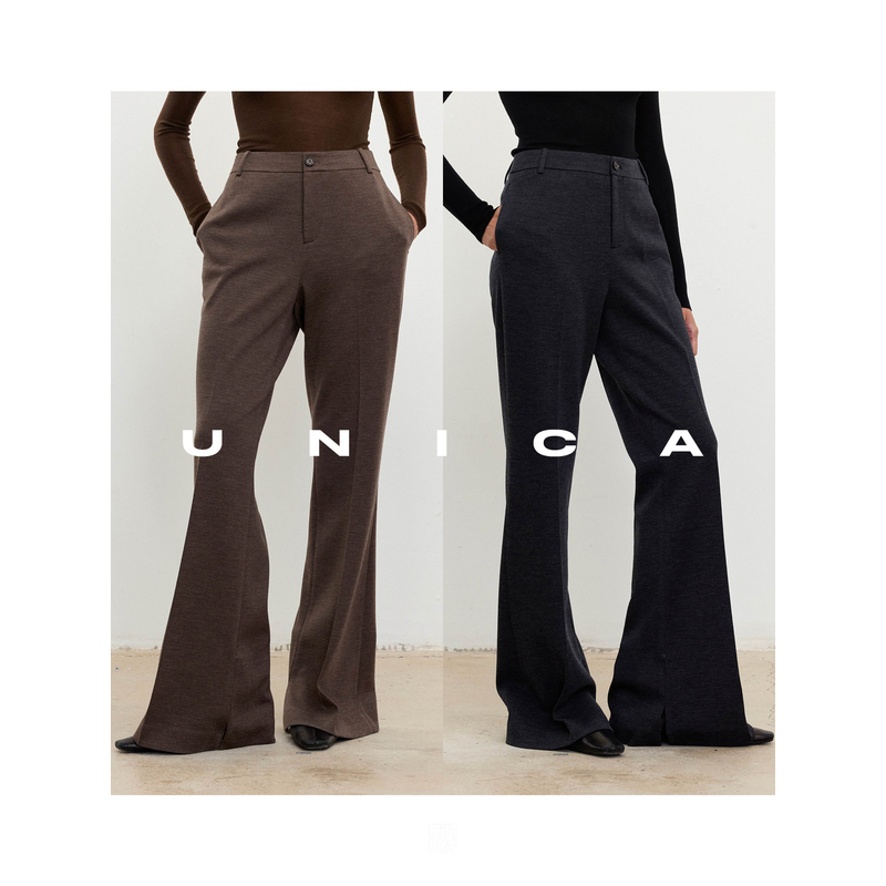 UNICA/可水洗强捻针织羊毛开衩微喇裤_修腿显瘦时髦长裤