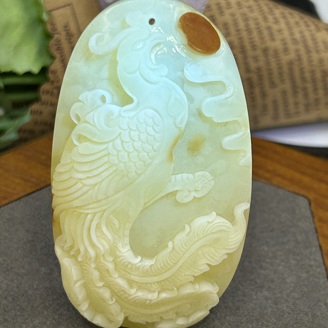 纯天然原矿蜜蜡俄料凤穿牡丹大师雕刻浓白花蜡特色巧雕精美仿古
