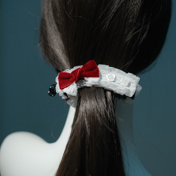 「酒红丝绒」白色睫毛蕾丝红丝绒蝴蝶结复古宫廷香蕉夹马尾夹