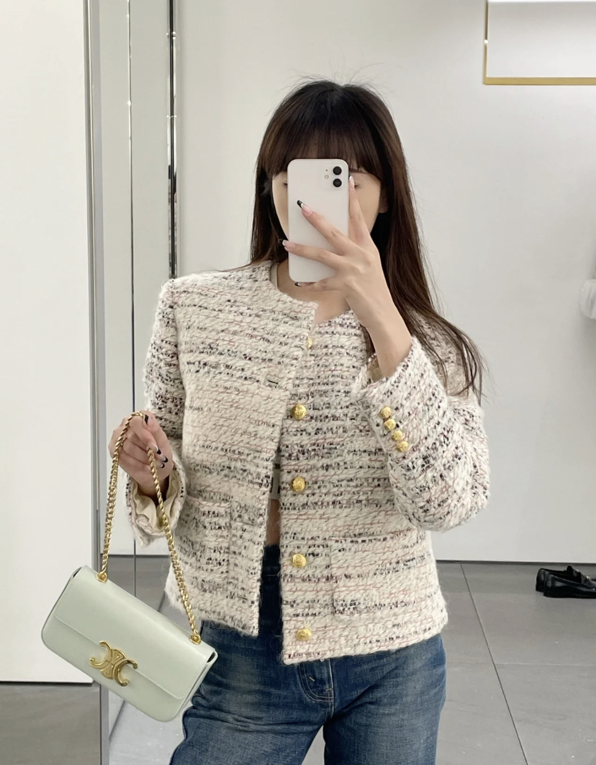 99新 Celine/思琳 cc354 羊毛/马海毛 23ss粗花呢编织外套 36码 
