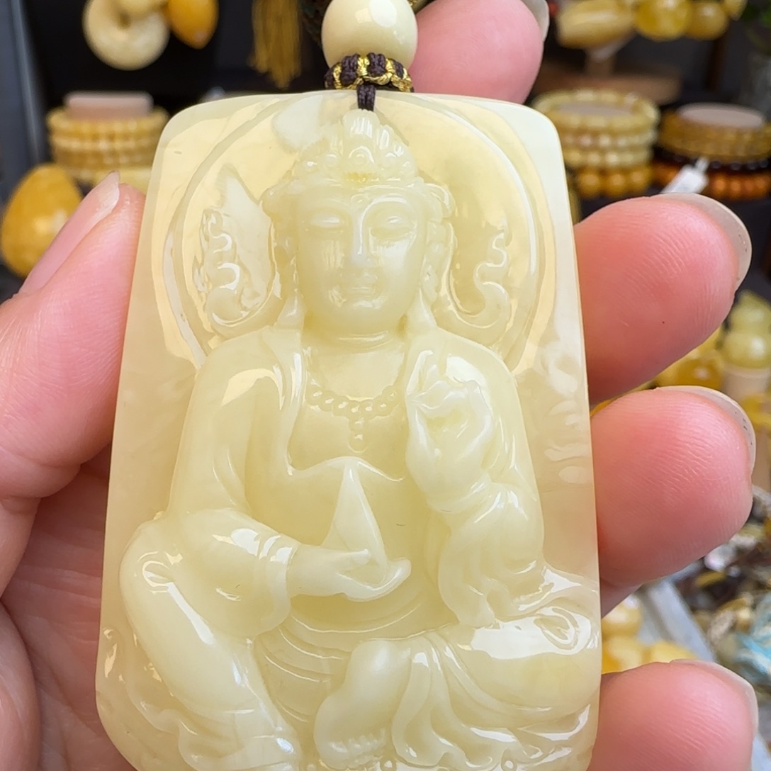 琥珀套链未镶嵌天然白蜜蜜蜡观音吊坠