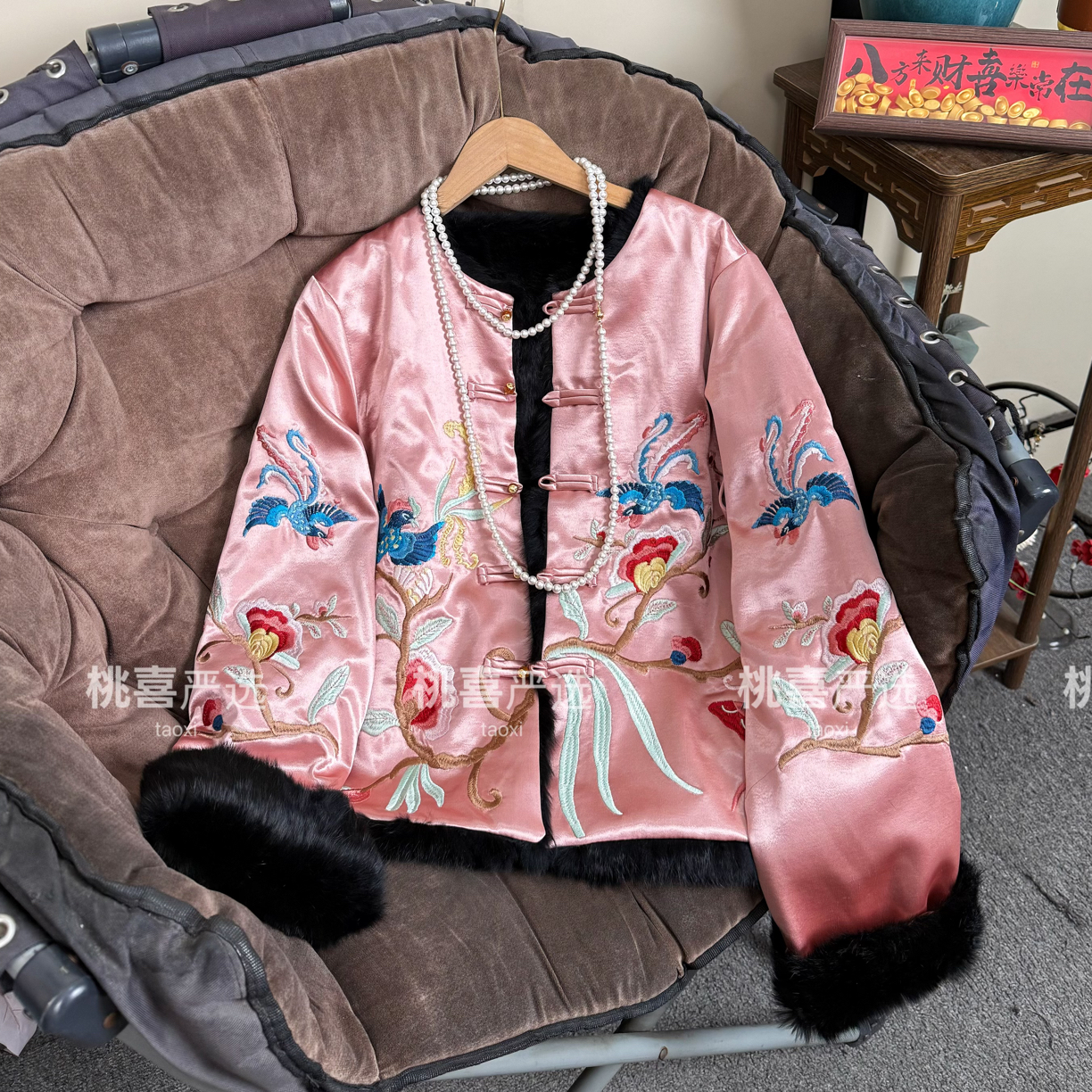 高端轻奢两面双穿兔毛真毛皮草短外套女醋酸缎面皮毛一体刺绣唐装