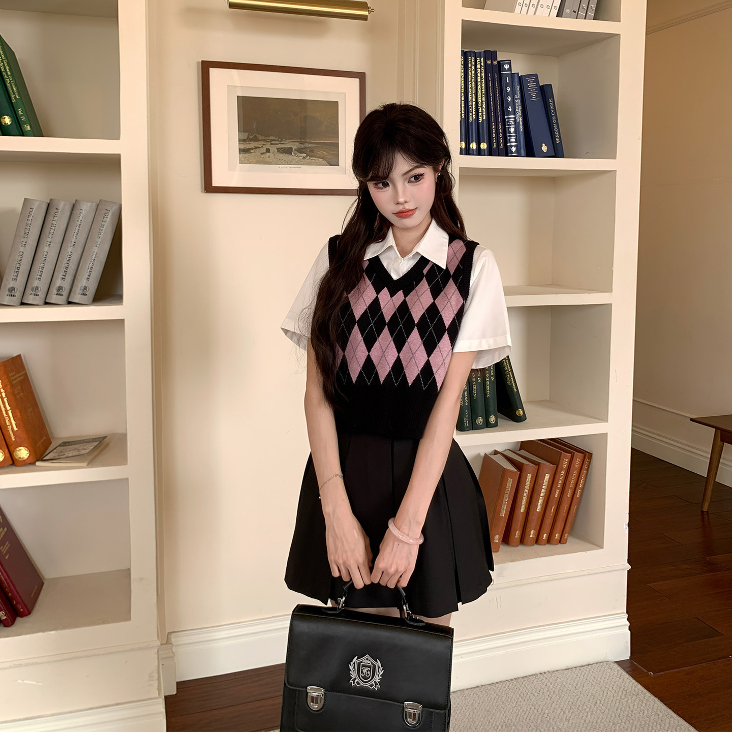 冰淇淋与鲸 学院风JK制服V领菱格针织马甲叠穿背心马甲毛衣新款秋