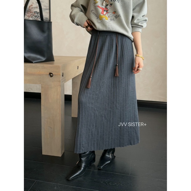 爱唯依（F）-（配流苏腰带）垂感百褶松紧腰长款半身裙（JD71530#）JVV