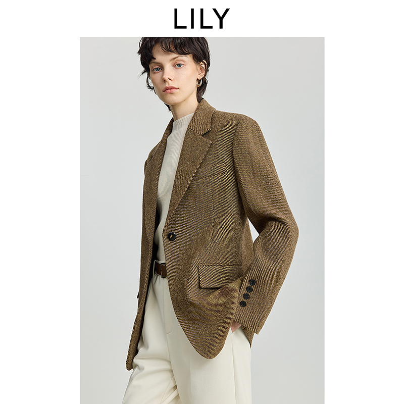 100%羊毛LILY2025冬复古老钱加厚气质通勤西装外套女125409C2913