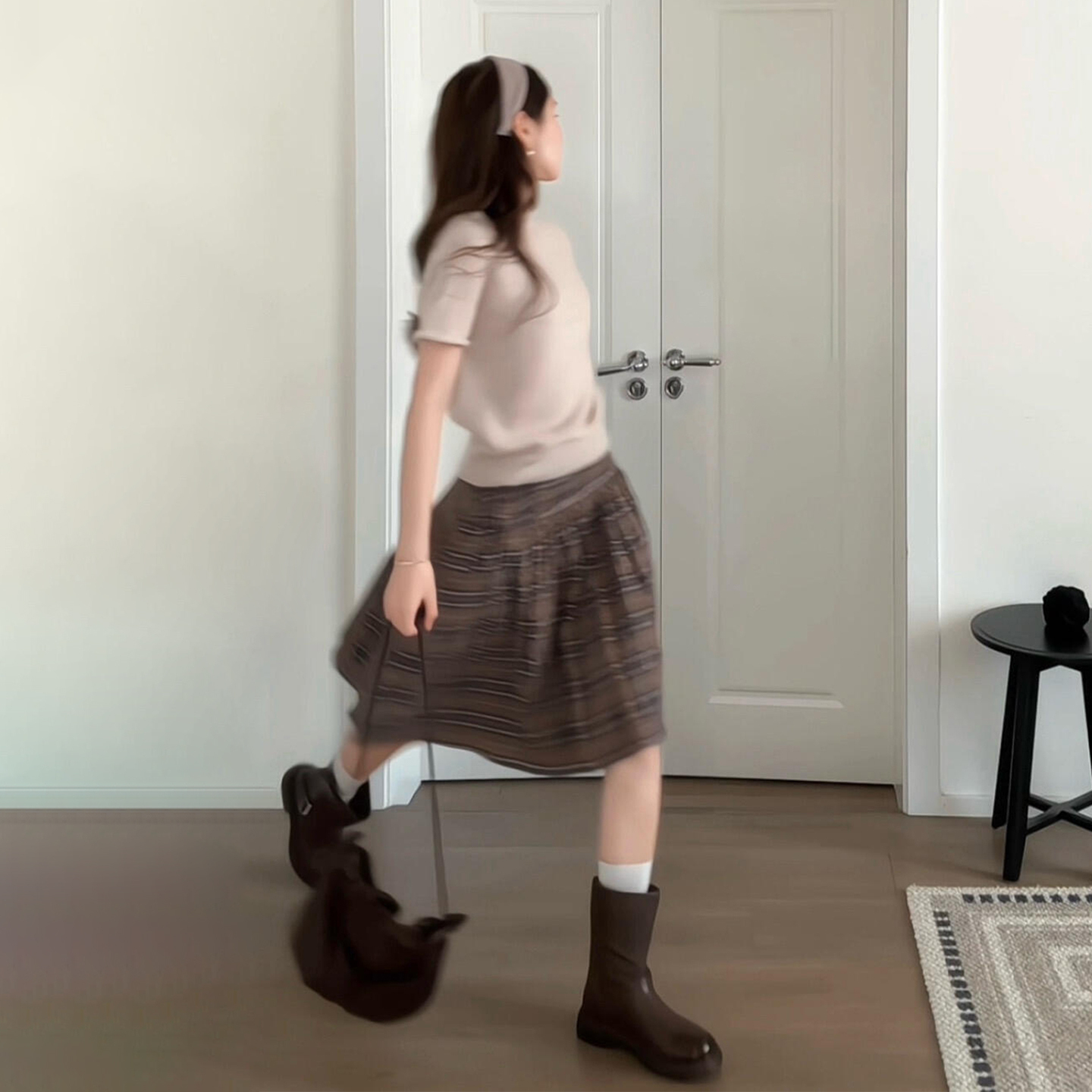 韩系miu系半高领秋季短袖针织上衣女低腰花苞a字蓬蓬半身裙7442