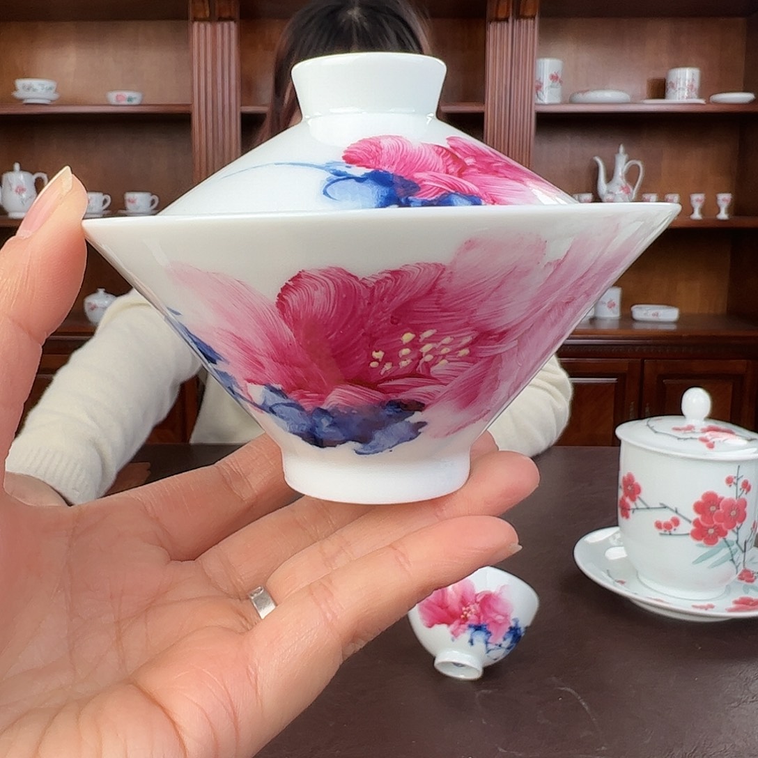 瓷柴窑 手指画斗笠盖碗（周大师作品）