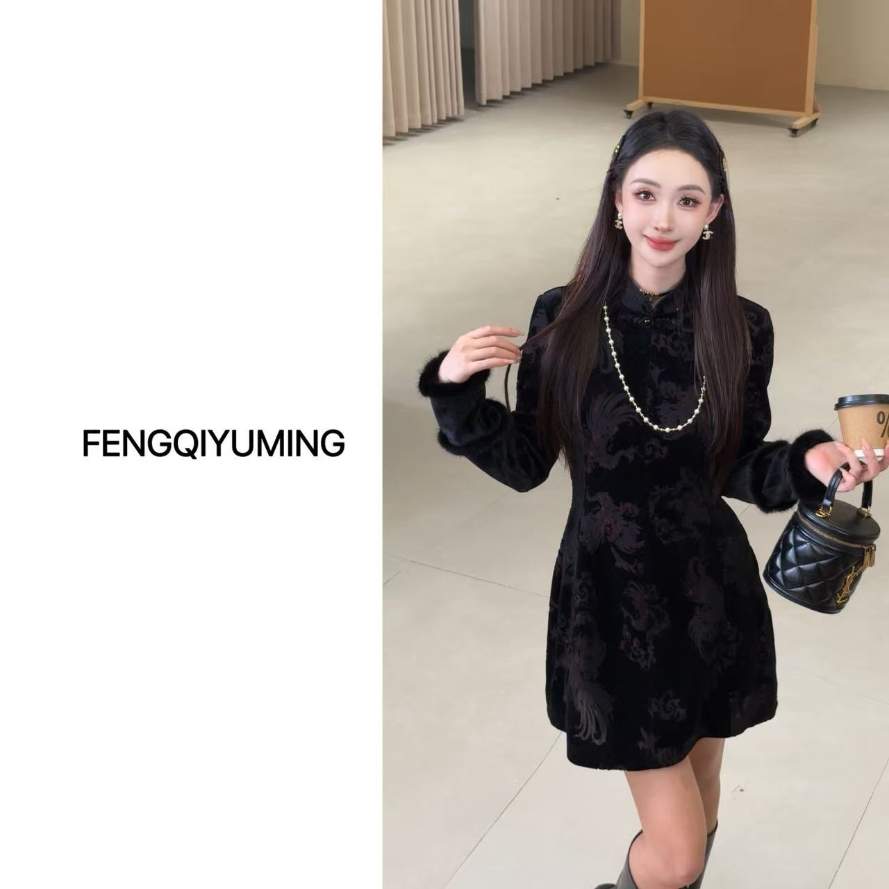 【新年快乐】新中式水貂毛加厚丝绒烧花连衣裙裙子