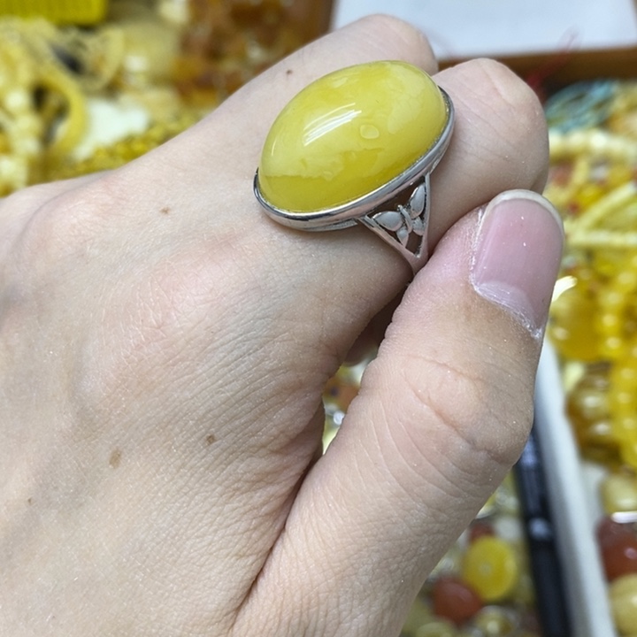 蜜蜡银S925镶嵌裸石戒指