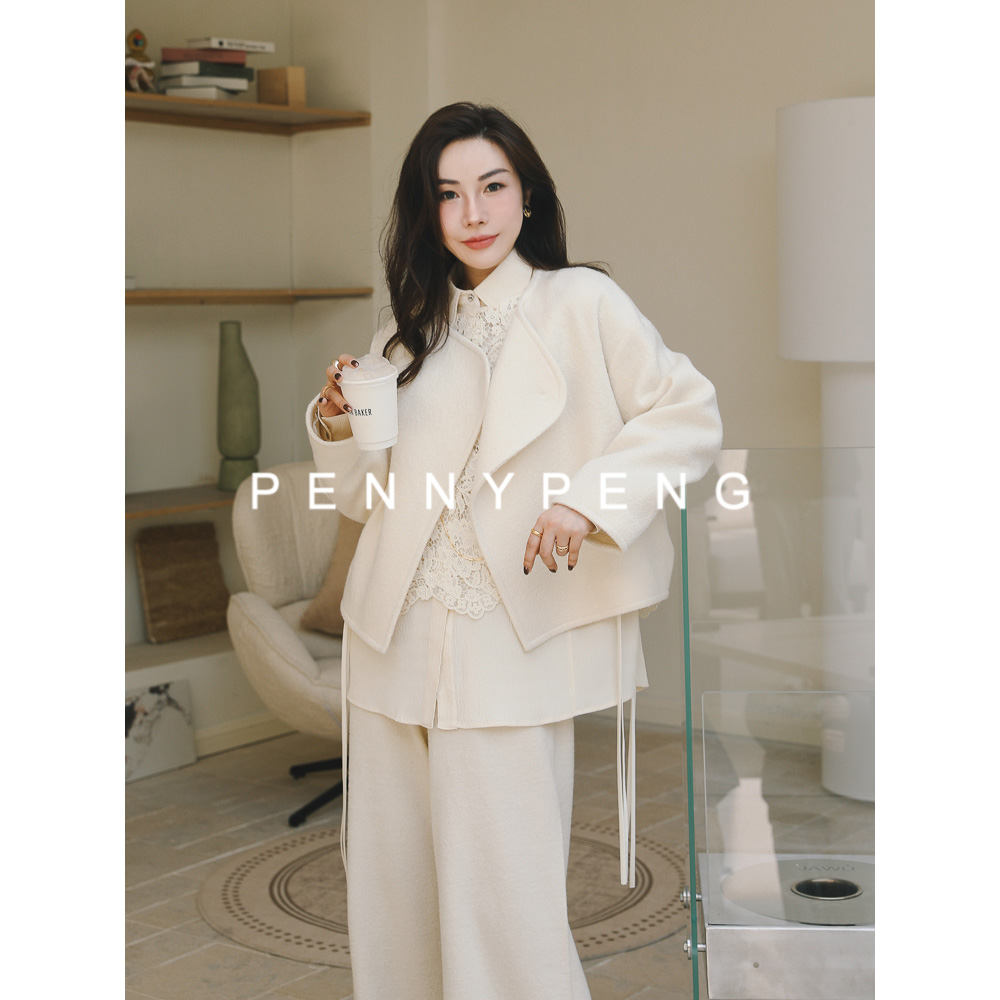 PENNYPENG围城欧若风品质百搭保暖米白色羊毛毛呢短款外套
