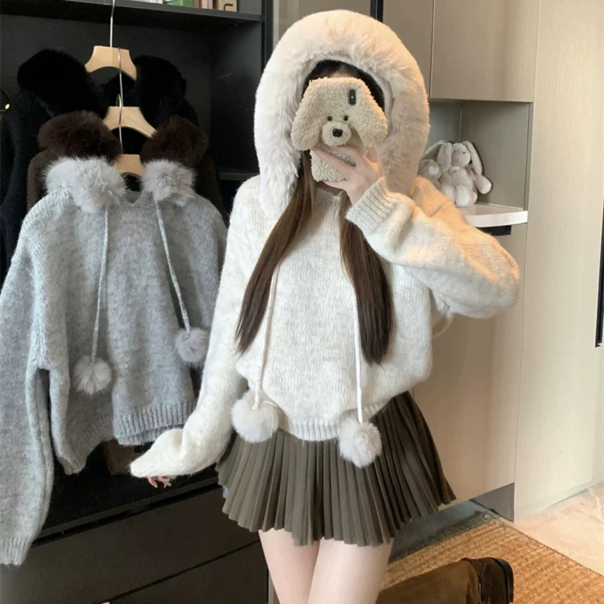 大象@50278 韩系时尚百搭连帽毛领毛衣 (毛领可拆 衣长60）11-25