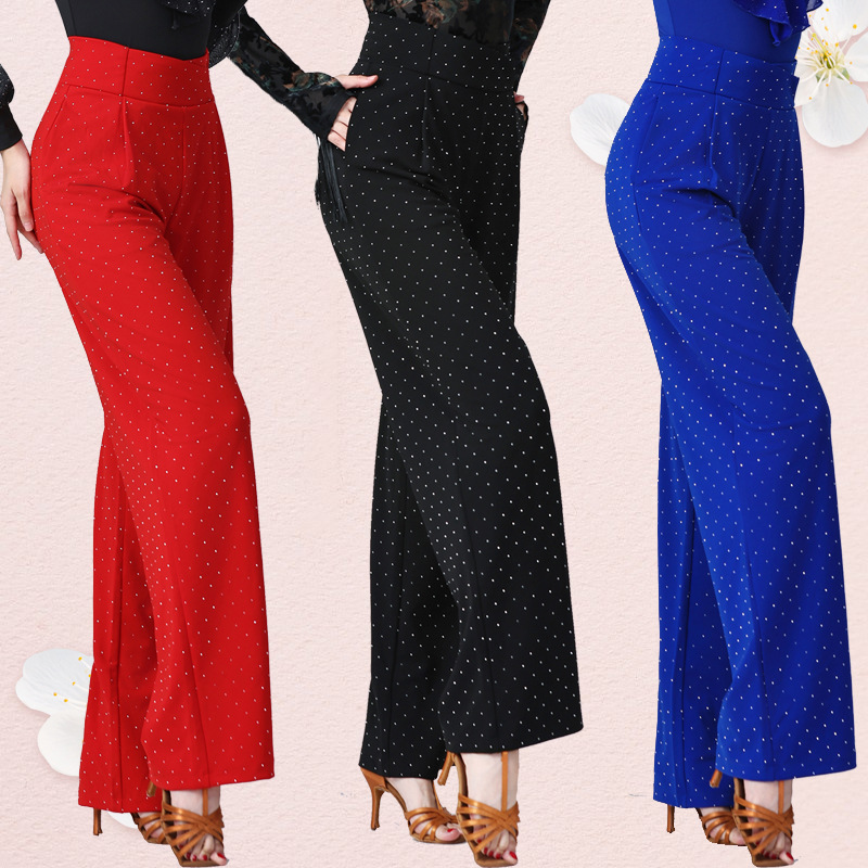 新款高腰直筒镶钻舞蹈裤子女摩登拉丁吉特巴广场舞训练演出长裤